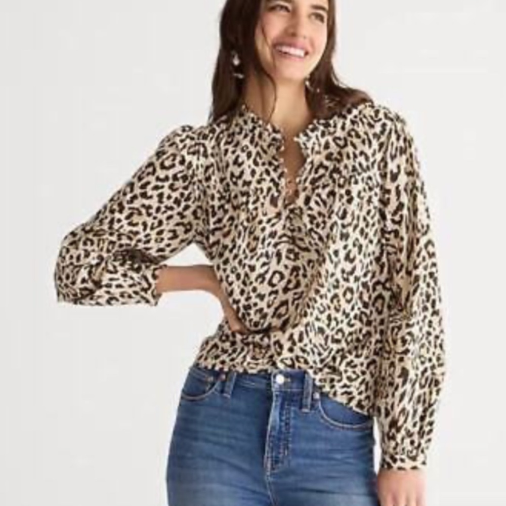Jcrew Button-Front Ruffleneck Popover In Leopard … - image 1